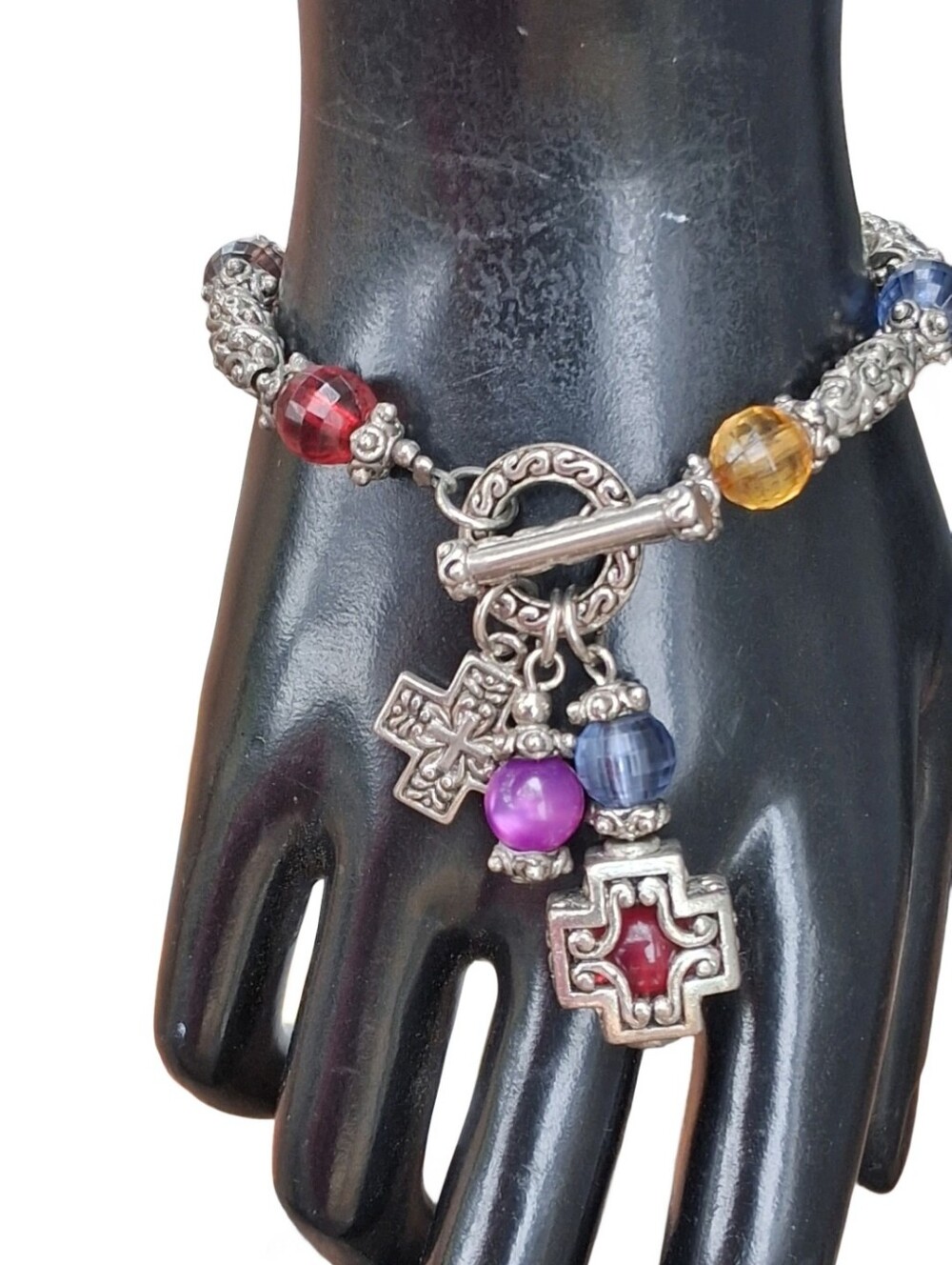 Vintage Silver Tone Multicolored Acrylic Beaded Cross Charm Toggle Bracelet